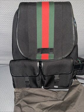 Gucci Black Backpack with Signature Red and Green Stripe